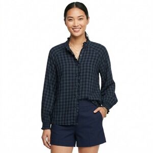 Cabi Aberdeen Buffalo Plaid Button Up Top Blue Black Ruffle 3961 Size XS